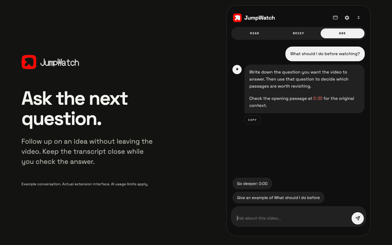 JumpWatch Ask tab answering a question with timestamp evidence from the video transcript