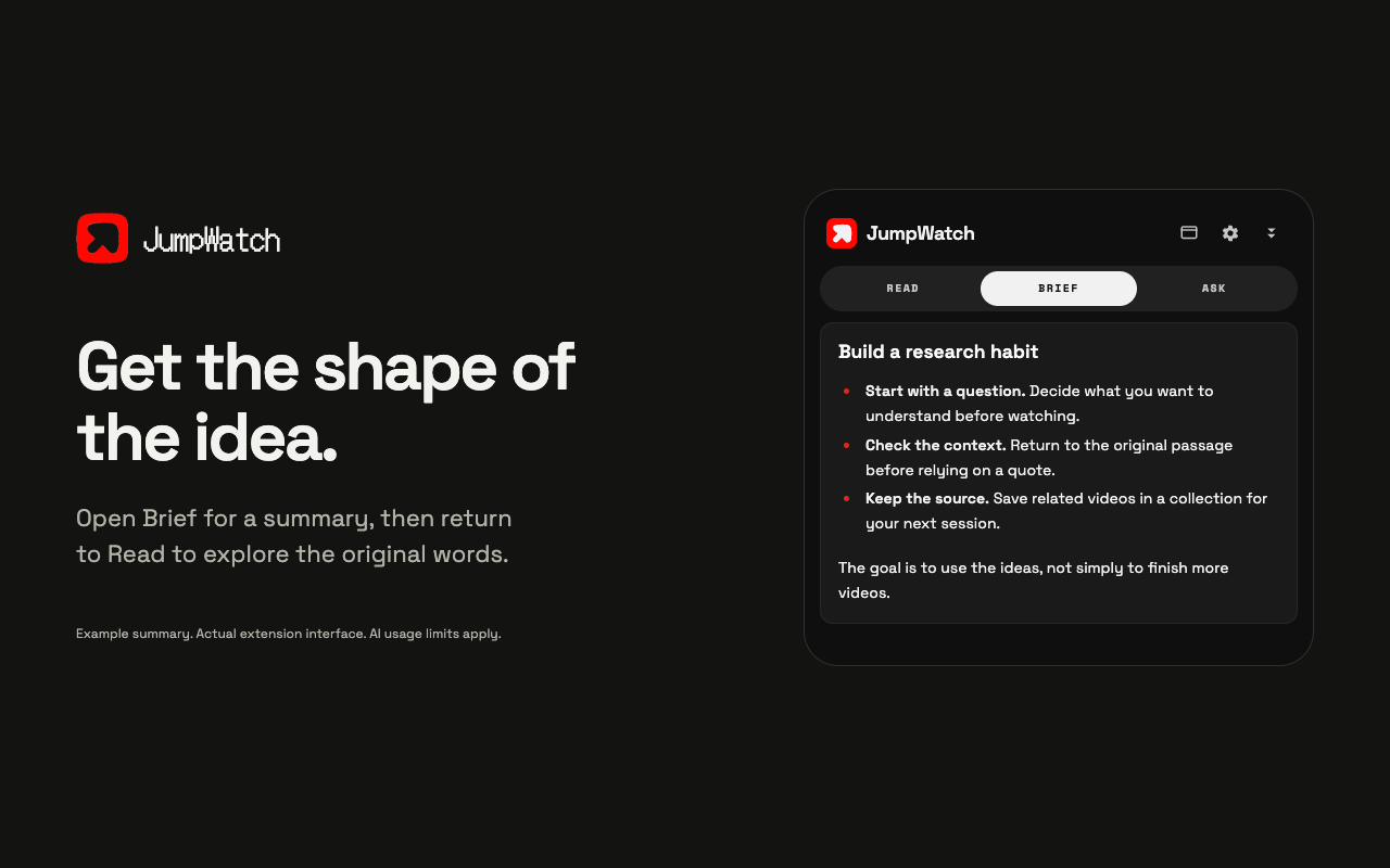 JumpWatch Brief tab showing an AI summary beside a YouTube video