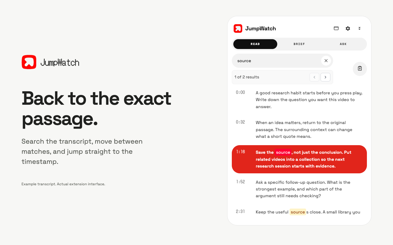 JumpWatch Read tab searching a YouTube transcript and highlighting the matching timestamp